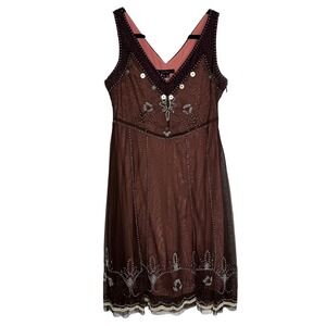 Vintage Whimsigoth Sheer Overlay Brown Beaded V Neck Flapper Dress Sz 10